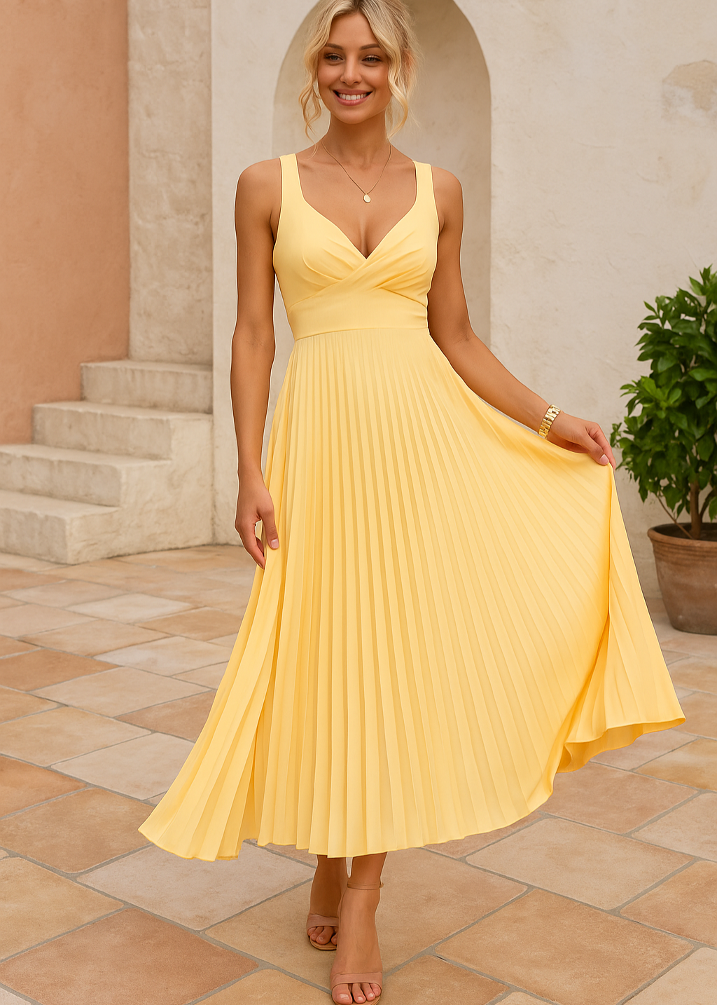 Quinn™ – Mabel - V-neck Pleated Maxi Dress