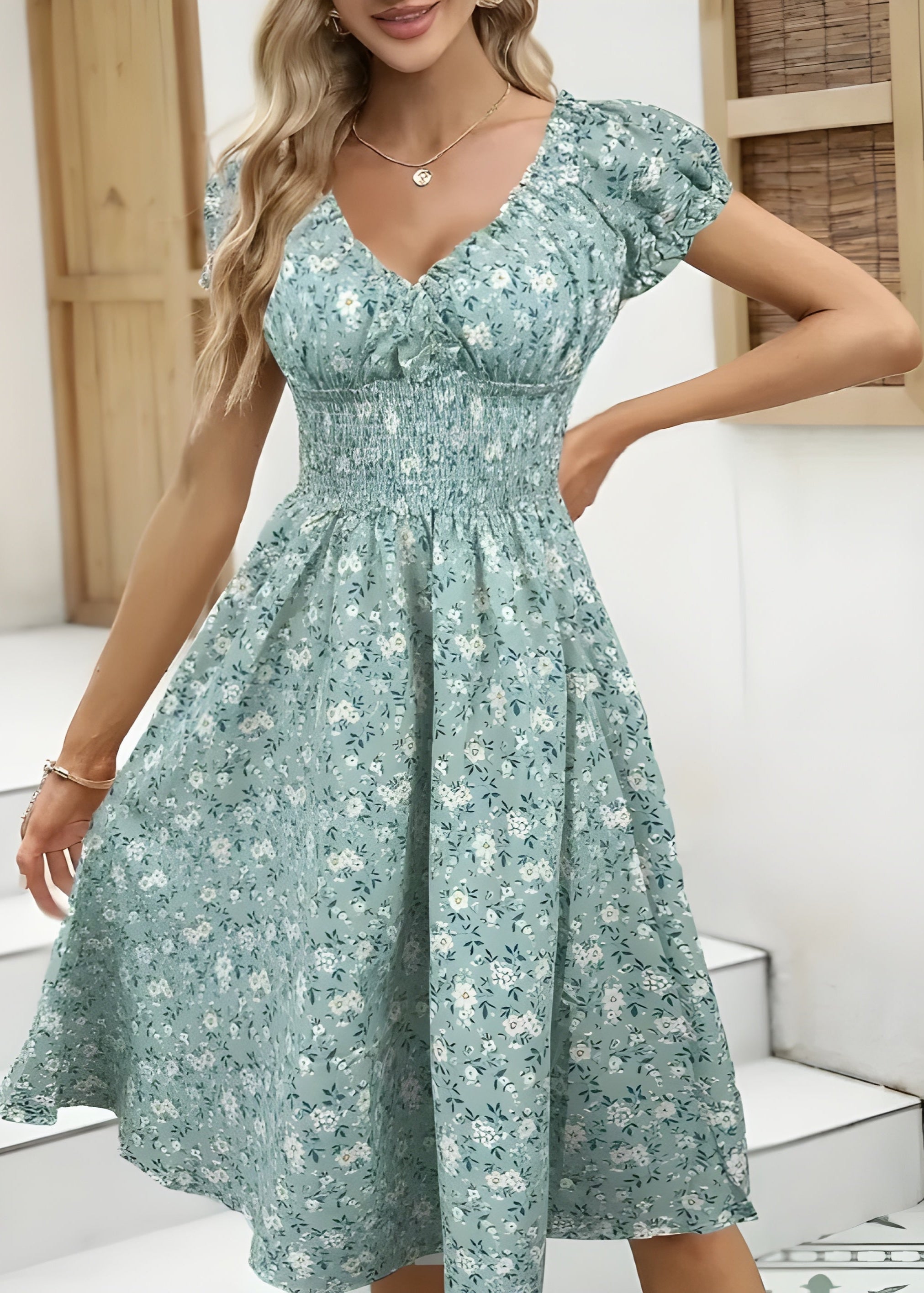 Quinn™ – Nancy - Floral Midi Dress With Puff Sleeves
